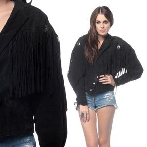 Vintage Suede Fringe 80s Black Leather Cropped Jacket